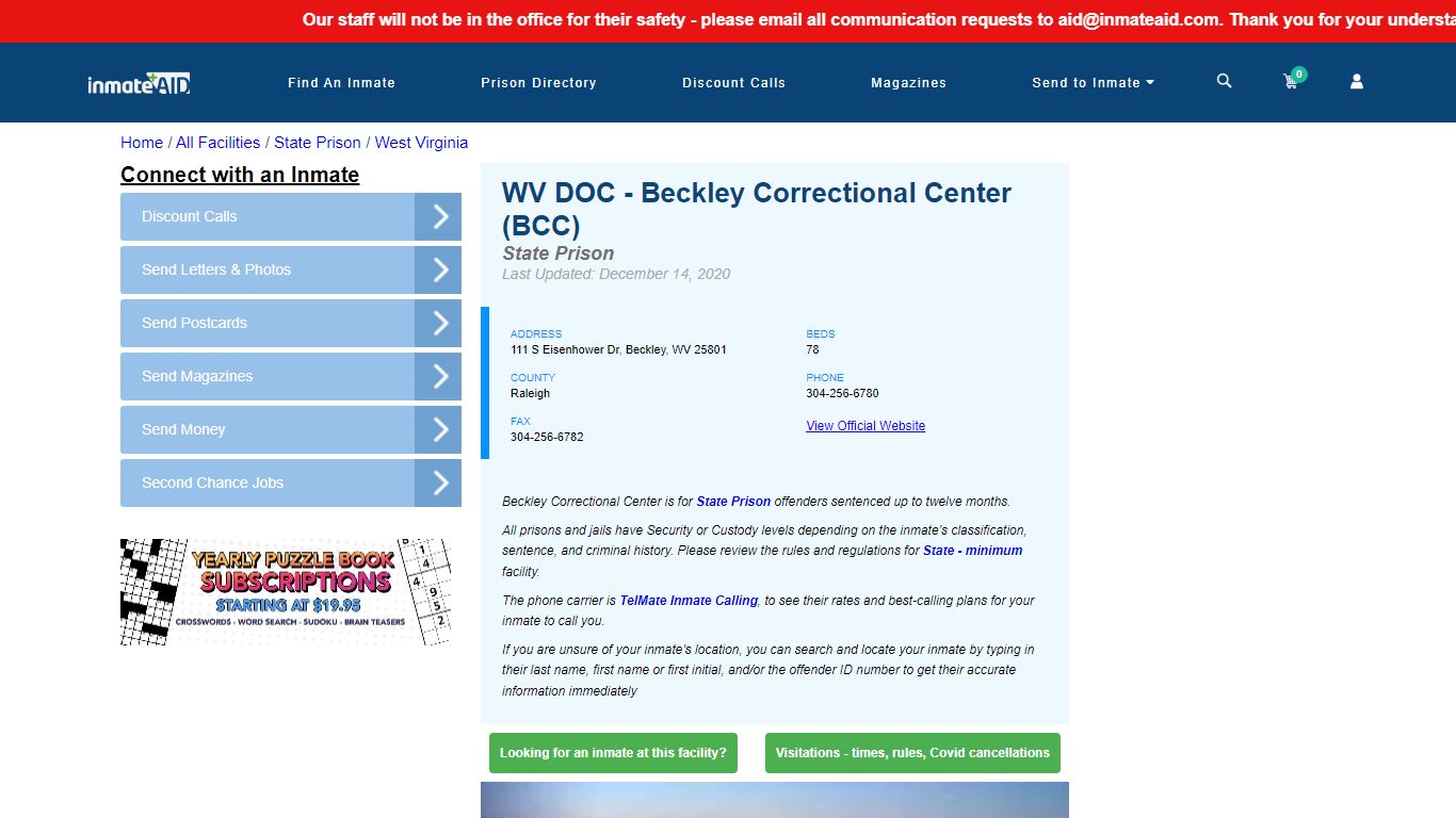 WV DOC - Beckley Correctional Center (BCC) & Inmate Search ...